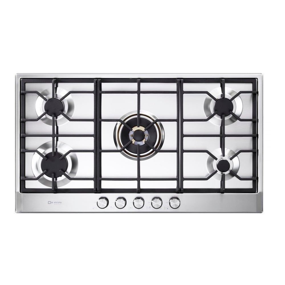 Verona erona 36 inch Italian-Made Gas Cooktop with 5 Brass Burners and Continuous Cast Iron Grates in Stainless Steel - Culinary Kitchen OKC