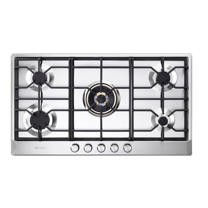 Verona erona 36 inch Italian-Made Gas Cooktop with 5 Brass Burners and Continuous Cast Iron Grates in Stainless Steel - Culinary Kitchen OKC